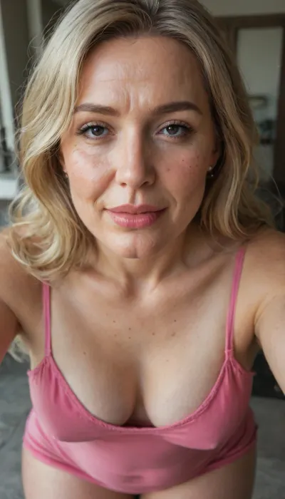 ((Hyper realistic)), 60-year-old Russian woman, small saggy breasts, (mature faces:1.8), (detailed face:2), (chubby:1.7), (small natural round breasts), (mature:1.8), white skin, big brown eyes, long straight blond hair with brightblond strains, chubby, wide hips, medium bellies, birthmarks, wrinkled face, fat arms, wrinkled face and body, (blonde:2), housewife, MILF, 49 years old, hdr, standing, dynamic pose, front view, top view, short tight dress, focus on cleavage line, round hips, beautiful, hyper seductive, submissive, cute, blushing, lip biting, pretty face, focus on waist, seductive, strands of hair, hyper sexy waist, soft light, mischievous smile, smug, horny, close up, bent over looking at a viewer, side view, mediterean beach, luxury car, you can see the back and hips of the ass raised in the air slightly, award winning photo, ultra realistic, makeup, huge lips, short pink dress, cumshot, panties, on thighs, panties down