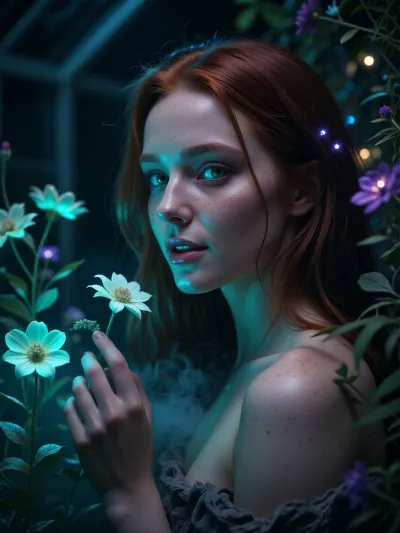Ultra detailed depiction, extreme close-up composition, sharp focus on her face. A professional cinematic still of a beautiful fantasy redhead woman with pale skin, standing inside a dimly lit greenhouse filled with bioluminescent flowers. Her skin is smooth and cool-toned, with a faint natural sheen. Her eyes are a striking deep green, reflecting the soft glow of the plants around her. Her expression is calm and curious, a gentle smile on her lips as she looks toward one of the glowing flowers near her hand. Her dark hair falls loosely around her shoulders, catching small points of glowing light. Around her, the greenhouse is filled with fantastical flora, glowing flowers in shades of teal, violet, and soft green, casting gentle ambient light through the dim space. Wisps of soft mist drift low along the ground. The overall lighting is dark and moody, lit primarily by the glowing plants themselves, creating dramatic contrast between deep shadow and vivid glowing color. The color palette is dominated by deep blues, teals, and glowing violet accents. Shallow depth of field, soft bokeh background, over-detailed cinematic photography, masterpiece, epic detail, sharp facial details, photorealistic render.