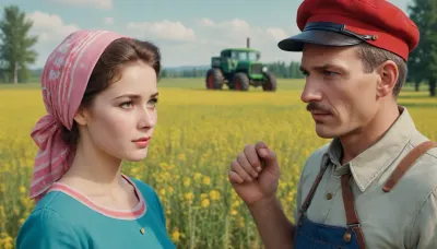 ((soviet propaganda poster style, bright solid colors, minimal detail, no color gradient, old anime style, low details)), each color is solid and separated from the other by a thin line of a darker shade, (saturated bright colors, high definition image, high contrast colors), in aesthetic of old soviet movie poster.

in kolkhoz fields, in front of old tractor, hard body russian village girl, about 20 year old, short flower print sundress, white headscarf on her head, talking to man who wears flat cap and overalls