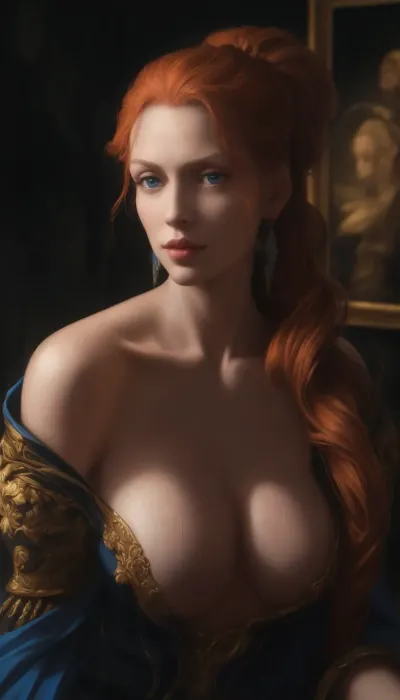 hyperrealistic painting showing sultry aristocrat muse, the! most! beautiful! female!, stoic, 25 years old ginger officer, long ginger ponytail, prominent very huge cleavage, (blue eyes), tall tall bodyshape, intricate royal, 1800s, professional artist style, oilpainting, analogue style, depth of field, painting by Vermeer, Rembrandt, r3mbr4ndt, GiganticBreatsXL, gigantic cleavage, Baroque, Dark, light, art, <lora:r3mbr4ndt_SDXL-step00020000:1>, <lora:GiganticBreastsXLv1:.5>, <lora:dark:.5>, <lora:885229_training_data:.8>, <lora:1693400015868075485 (1):.8>