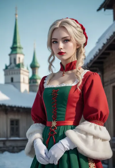 ((minimal detail, no color gradient, old anime style, low details)), (saturated bright colors, high definition image, high contrast colors), in aesthetic of old movie poster.

young slender bitch, ash-coloured blonde, pretty slavic face, charming, hot, green eyes, red puffy lips, scornful sneer, gorgeous figure, 16th century Russian dress, (full-body view:1.4), in winter, in medieval russian village, white kremlin in background