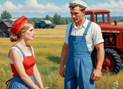 ((soviet propaganda poster style, bright solid colors, minimal detail, no color gradient, old anime style, low details)), in kolkhoz fields, in front of old tractor, hard body russian village girl, about 20 year old, short flower print sundress, white kerchief on head, talking to man who wears peaked cap and overalls