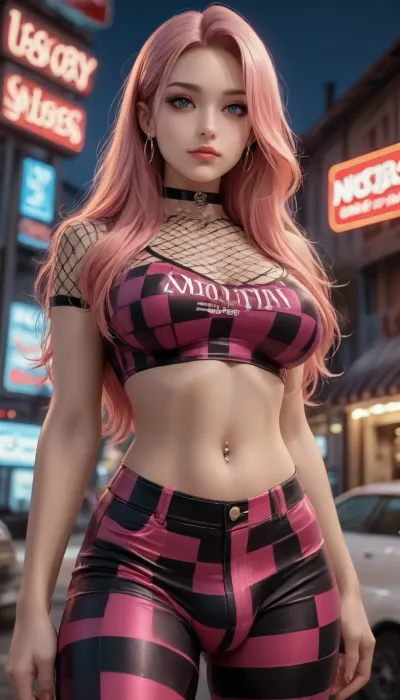 Reiq style, (photorealistic), (masterpiece), (photography), (realistic skin texture), (professional lighting), old American diner, bottom view, ((up close view, penis bulge from focus)), alluring woman, 90s style, 90s Aesthetics, emo 1Futanari with, (penis bulge), big breasts, black and pink emo hair, long hair with bang, ((very tight pink checkered hot pants)), low waist wide hips, closed mouth, (navel black piercing), solo, eyeliner, emo style, fishnet top, Neon pink, Night, page, <lora:Late_90s_Japanese_Urban_Fashion:1>, <lora:Diner-000005:1.8>, <lora:Neon Night:2>