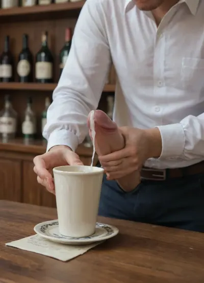 A wide front shot of a coffee bar. A fully clothed ginger irish 18 year old in a white business shirt is sitting at a table. Standing right next to her, a completely naked man is positioning his erect penis directly above her white porcelain cup. A stream of white semen is actively flowing and dripping directly from the glans of the penis down into the inside of the cup. Extreme close-up interaction on the cup, showing the fluid landing inside it. Both subjects are side by side in the frame