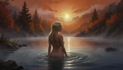 (Vex from Skyrim, naked, mature 30 year old, scandinavian, long blonde hair, very small breasts, skinny body), (bathing pose in a big lake, hands behind head, watery body, breasts not visible, autumn, orange sunset), (close rear view, back view above waist, view from behind, looking away face not visible), (artwork, digital painting, fantasy art, loading screen art style), <lora:SumTim:.1>, <lora:J_cartoon:.1>, <lora:Sinister_Style_SDXL:.1>, <lora:EnvyAnimeDigitalPaintingXL01:.1>