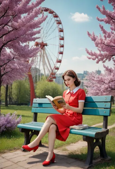 ((soviet propaganda poster style, bright solid colors, minimal detail, no color gradient, old anime style, low details)), (saturated bright colors, high definition image, high contrast colors), in aesthetic of old soviet movie poster.

beautiful soviet student reads a book while sitting on vintage park bench in old soviet style under a blooming lilac bush in an ancient park, ferris wheel on the horizon, amusement park setting and entourage as background, (1970s in the USSR), (USSR epoch, 1970s analog photo for soviet magazine, 1970s atmosphere)