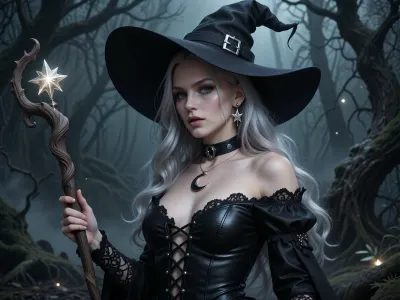 A highly realistic and detailed digital painting of a beautiful witch in a black leather dress with intricate lace-up details. She wears a large, bent witch's hat with a silver buckle. Her piercing eyes and long, wavy silver hair give her an enchanting look. She holds a mystical staff with a twisted wooden design and a glowing star-shaped ornament at the top. Her accessories include a black choker with a crescent moon pendant and matching star-shaped earrings. The background is a dark, foggy forest with eerie, twisted tree branches, creating a magical and mysterious atmosphere. Ultra-detailed, cinematic lighting, dark fantasy style