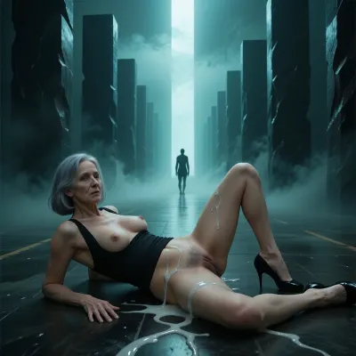 (((a full body view))), With 4 m of setback, looking at the viewer, realistic amateur, realistic detailed amateur nude woman, (an aged woman, 70 years old:1.8), . Her skin is that of a 70-year-old woman. The old lady has grey hair, (Small, long, and very saggy breasts:1.8), ((very detailed skin)), . hair cut in a bob, small saggy tits, saggy skin, black bob cut hair, lying on the floor, black heeled shoes, (mature, used:1.5), (worn:1.4), (shaved pussy:1.2), after sex, pussy, pussy visible, topless, realistic detailed pussy touch, slender, teacher, black low cut top, standing on floor, a lot of excessive sperm on vagina. surreal digital art, a lone small silhouetted figure standing in a vast, dark, infinite corridor, symmetrical arrangement of floating massive dark rectangular monoliths, atmospheric deep teal and misty green monochromatic color palette, intense glowing bright light source in the far vanishing point, volumetric lighting, heavy fog, mysterious and melancholic atmosphere, cinematic composition, high contrast, sharp edges on monoliths, dreamlike, digital painting, 8k resolution, trending on ArtStation, ethereal, conceptual sci-fi.