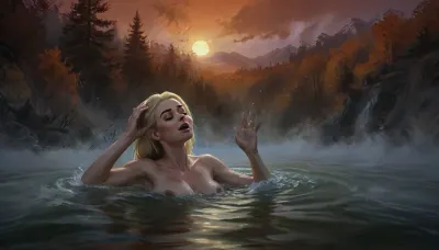 (Vex from Skyrim, naked, mature 40 year old, scandinavian, pale skin, long wet blonde hair, eyes closed, serious face), (bathing pose in a big lake, autumn, orange sunset), (hands on head, washing hair), (very close portrait view, breasts under water, nipples not visible), (artwork, digital painting, fantasy art, loading screen art style), <lora:SumTim:.1>, <lora:J_cartoon:.1>, <lora:Sinister_Style_SDXL:.1>, <lora:EnvyAnimeDigitalPaintingXL01:.1>