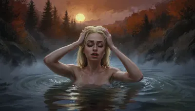 (Vex from Skyrim, naked, mature 40 year old, scandinavian, pale skin, long wet blonde hair, eyes closed, serious face, very small breasts), (bathing pose in a big lake, autumn, orange sunset), (hands on head, washing hair), (closeup portrait view, breasts under water, nipples not visible), (artwork, digital painting, fantasy art, loading screen art style), <lora:SumTim:.1>, <lora:J_cartoon:.1>, <lora:Sinister_Style_SDXL:.1>, <lora:EnvyAnimeDigitalPaintingXL01:.1>