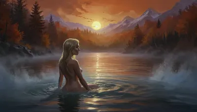 (Vex from Skyrim, naked, mature 35 year old, scandinavian, long blonde hair, very small breasts, skinny body), (bathing pose in a big lake, hands behind head, watery body, breasts not visible, autumn, orange sunset), (close back view above waist, looking away face not visible), (artwork, digital painting, fantasy art, loading screen art style), <lora:SumTim:.1>, <lora:J_cartoon:.1>, <lora:Sinister_Style_SDXL:.1>, <lora:EnvyAnimeDigitalPaintingXL01:.1>