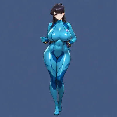 komi shouko, wide hips, beautiful face, beautiful, perfect face, makeup, gorgeous, looking at viewer blue eyes, black hair, komi bangs, black bangs, cosplay, komi cosplaying samus, bodysuit, blue, zero suit, altSamus, bright blue zero suit, dark blue patterns, latex, zero, suit, covered erect nipples, cameltoe, bright blue zero suit sheathed feet, no footwear dark blue zero suit sheathed soles, huge breasts, huge boobs, huge tits, <lora:SamusCosplay_sdxl_v2:1.5>, <lora:bombshell_v2:2>