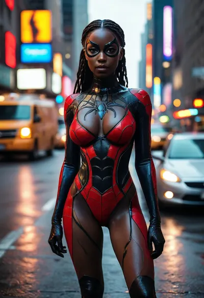 8k, best quality, (masterpiece), (intricate details), ((rear view)), super sexy 25 year old Black woman dressed as a female Spider-Man, ((black skin:1.5)), long braided black hair, authentic red, blue, and black costume, (small black eye mask), brown eyes, perfect face, perfect lighting, high detail, octane render, detailed eyes, sexy, mysterious, (full-body shot from a distance), standing in the center of a busy New York City street, ((large breasts:1.2)), deep cleavage, curvy thighs, curvy round hips, wide thigh gap, tight round ass, <lora:MJ52:1.6>, Rainbowiridal, Spiral, rainbowiridal, eyes, palette, Shiny..., Bright..., Intense, gaze, Fire, dragon, Amber, cat, Anthro..., woman, Genetically, modified..., <lora:Stunning_eyes_2:.8>