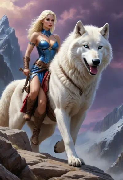 (((fantasy art, fantasy setting, medieval entourage, mystique atmosphere), (in Boris Vallejo art style), bright solid colors, minimal detail, no color gradient, old anime style, low details)), each color is solid and separated from the other by a thin line of a darker shade, (saturated bright colors, high definition image, high contrast colors), oil painting.

beautiful female viking warrior, hard body nordic beauty, riding on large white dire wolf in dark rocky mountains, purple-blue sky, ((white wolf:1.4), long white fur, powerful clawed paws, fanged mouth)