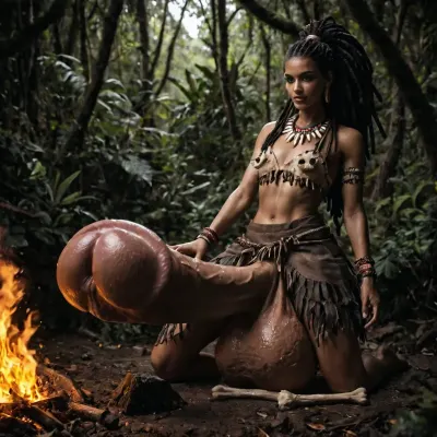 closeup view from drone, Tribal futanari cavewoman with realistic blue eyes, at very dark night in a small dark shelter, her long slender bodyshape, she is cooking steamy soup, her legs wide open crouched pose, near a small campfire, (turning to viewer while cooking in a small pod on the flames of the small firepit, her very long penis reflects the light of the fire), detailed barefoot, (her very long primal-penis hangs down as she holds her testicles in both hands), flat chest, very broad shoulders, extremly narrow waist, very long torso, (curious smile and blue eyes), giant extremly massive penis-bulge, huge futa-penis, flaccid futa-cock, (enlarged giant testicles, four testicles lowered to the ground, under primal-skirt), dark brown skintone, visible pubes, oiled dreadlocks, moonless jungle. bone bra, sharp focus, Tribal, beaded, necklace, bone, earrings, bracelets, bangles, Fur, Lined, Crop, Top, Skirt, Loin, Cloth, low-lit dark night at jungle, only the fire casts warm very low-light, <lora:Anime_Jungle_Tribal_Style:.5>, <lora:dark:.5>, <lora:DARKHUMAN:.5>