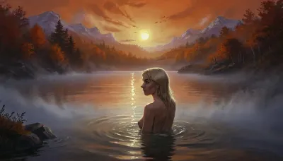 (Vex from Skyrim, naked, mature 30 year old, scandinavian, long blonde hair, very small breasts, skinny body), (bathing pose in a big lake, hands behind head, watery body, breasts not visible, autumn, orange sunset), (close back view above waist, looking away face not visible), (artwork, digital painting, fantasy art, loading screen art style), <lora:SumTim:.1>, <lora:J_cartoon:.1>, <lora:Sinister_Style_SDXL:.1>, <lora:EnvyAnimeDigitalPaintingXL01:.1>