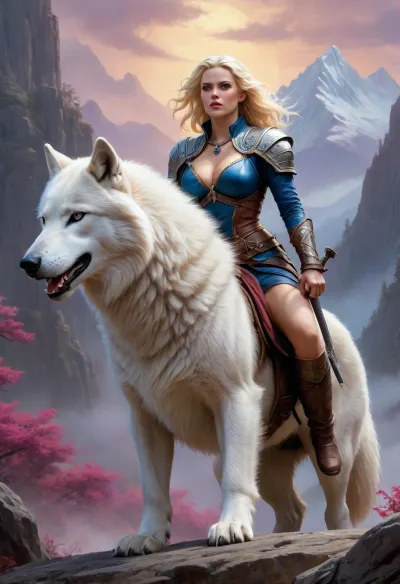 (((fantasy art, fantasy setting, medieval entourage, mystique atmosphere), (in Boris Vallejo art style), bright solid colors, minimal detail, no color gradient, old anime style, low details)), each color is solid and separated from the other by a thin line of a darker shade, (saturated bright colors, high definition image, high contrast colors), oil painting.

beautiful female viking warrior, hard body nordic beauty, riding on large white dire wolf in dark rocky mountains, purple-blue sky, ((white wolf:1.4), long white fur, powerful clawed paws, fanged mouth)