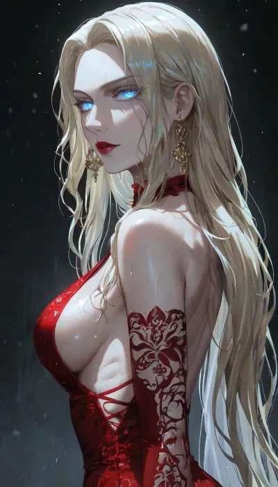 Carmilla from netflix series Castlevania, 200 year old, (clear blue eyes), red dress with prominent sideboob, straight long hair