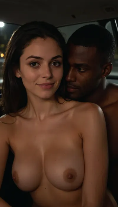 20 years old Italian skinny woman, (naked), having vaginal sex, Cowgirl, riding cock, muscular black African man fucking her rough, on the backseat of a car, (she has big breasts, dark hair), brown eyes. At night, Iridescent Lighting, (black man face out of frame), (woman looking back over shoulder at viewer expressing defiance and she have a subtle evil smile)