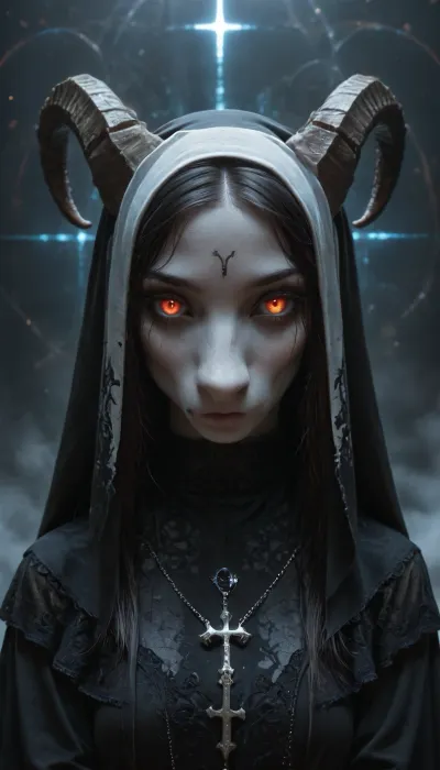 pale demon girl, prismatic coloring, holographic vibe, chromatic black lace blouse, gothic background, (long straight horns:1.2), beautiful girl, detailed face, nun, <lora:xl_yamer_style-3.0:1.3>, <lora:cfg_scale_boost:.8>, <lora:Dark Nun (Pony):.8>