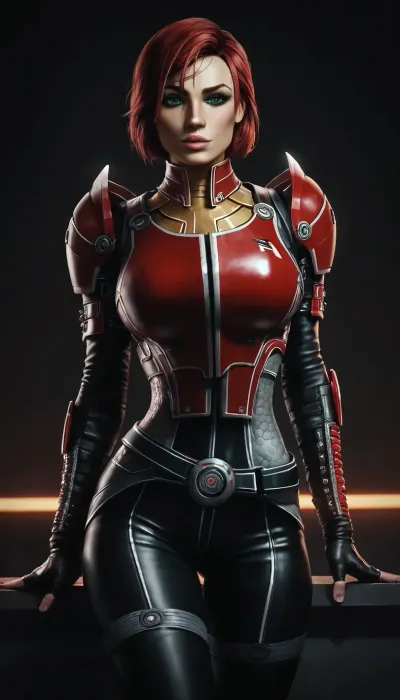 tall woman Jane Shepard, (masterpiece, best quality:1.2), thepit, thighhighs, (bimbolips), gloves, fingerless gloves, ginger bobcut, black thighhighs, (Mass Effect), ((realistic green eyes)), ((looking at viewer)), Jane, shepard, n7armor with pants, commandershepard, (gentle eyes), <lora:Microwaist_XL_v01:.8>, <lora:ThePitXL:2>, <lora:dark:.8>