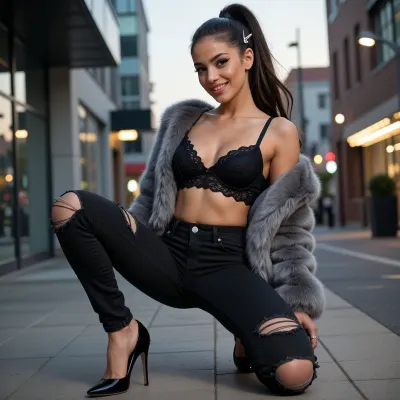 Full body shot, wide angle lens photography, dynamic urban fashion framing of a beautiful petite 20-year-old Italian-American woman from head to toe, 2014 aesthetic. An endearing sweet gentle smile showing beautiful white teeth, highly detailed extremely cute face with soft youthful heart-shaped features, radiant flawless smooth skin with a warm sun-kissed tan. Large expressive doe eyes with sharp black winged eyeliner. Very high sleek voluminous ponytail, rich chestnut brown hair, styled with elegant minimalist silver metal snap hair clips neatly clipped on the sides of her head.Wearing a stylish charcoal grey faux fur jacket draped over a sexy tight black lace bralette top, paired with edgy black skinny jeans with stylish rips at the knees, and high-end sleek black stiletto high heels. Posing confidently on a clean modern city alley at dusk, soft glowing urban background lights, beautiful ambient evening lighting, professional full-length photography. Sharp focus from head to toe, highly detailed textures of the fluffy fur jacket and ripped denim, crisp clear facial features, realistic human skin texture, photorealistic, 8k resolution.