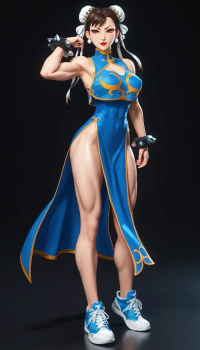 Four photos of the same tall woman in a single image.
On the left is a portrait of the very tall woman Chun Li of Streetfighter, clad in hoody-pullover, leggins and sneakers, then, from left to right, a full-body shot from the front, a full-body shot from the side, and a full-body shot from the back.
A naked 20-year-old asian top model woman Chun Li with large swell of muscular legs, (hyper long legs:1), unique hairstyle, in a typical model pose, indifferent facial expression. black background, (very long legs and narrow waist)