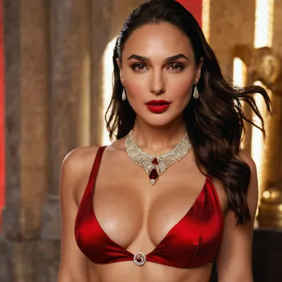 Gal gadot woman, (Gal Gadot face), dark straight long hair, ponytail, thick dark rimel with a perfect makeup, Cleopatra-style rimel flick at the outer corner of the eye, eyes shadows matching with the eyeliner, red bright gloss Lips, the face lines matches with Gal Gadot face, she is voluptous and beatiful, mouth a little open like a model. Cinematic and realistic Photo, 8k, woman face, large breasts, large areolas, pierced nipples, big butt, perfect butt, Gap ass, hair pussy patern inverted triangle, expensive white gold necklace with a huge Ruby pendant, Ruby earrings. The light in the photo is bright, shiny and reveals the shape of her breasts, huge, breasts, g4lg4dot, <lora:Gal_Gadot_SDXL_101:.8>