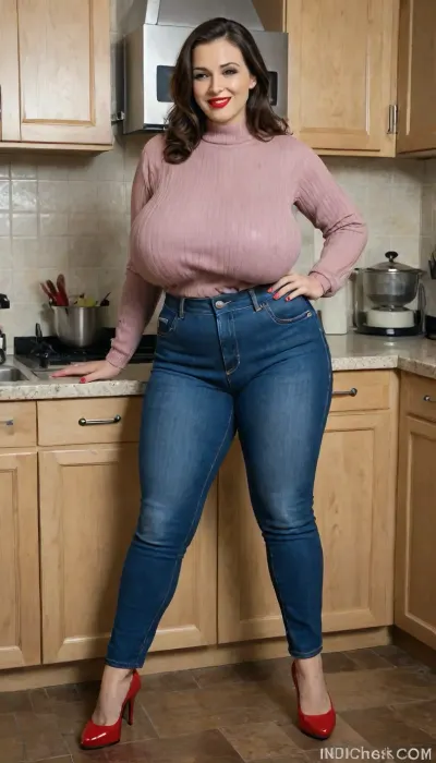 chubby classy smiling woman, elegant, rich, looking at viewer, in the kitchen, red lipstick, (((gigantic sagging breasts:1.2))), (((high-heels, jumper, jeans))), <lora:add-detail-xl:1.4>