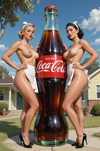 2 women, 8K, ultra, 1950s housewives, 1950s, sexy pinup art, painting, illustration, 2lesbians, (topless:1.3), vintage soft drink advertisement Coca Cola, standing by a giant bottle Coca Cola of the soft drink that is taller than the mode, she is sweaty