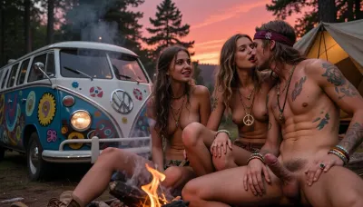 Masterpiece, highest quality, extremely detailed, high resolution. Low-angle telephoto shot from the front of a group of young people sitting around a campfire—three women and one man with a flaccid penis, exuberant atmosphere, gazing lovingly at one another, body paint, smoke, deep in the forest, 1970s hippies, long hair, free love, naked, wearing necklaces, bracelets, and rings, peace symbol, reddish sunset mood, sun not visible, in the background, a VW Bus Type 1 colorfully painted with various motifs and a tent, full-body shot.