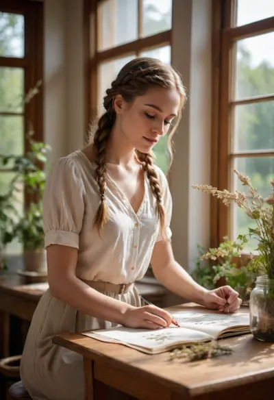Professional shot of a beautiful young woman creating a herbarium in a botanical studio during a warm spring afternoon, she sits gracefully at a large wooden table covered with pressed flowers, dried plants, vintage botanical sketches, scissors, notebooks and glass jars, carefully arranging delicate leaves into an open herbarium book with focused attention and a soft sensual smile, totally nude, an elegant, natural feminine beauty, long french braided hair softly illuminated by golden sunlight coming through large windows, relaxed legs, artistic and intimate atmosphere, fresh wildflowers and hanging plants surrounding the room, sunlight beams, storytelling composition suggesting curiosity, creativity and quiet passion, beautiful realistic facial features, natural skin texture, organic lighting, soft warm highlights, botanical aesthetic, elegant sensuality