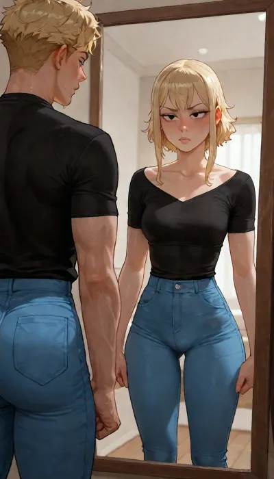 BNHA, (MHA), Hero Prodigy gets a Femboy System, 1boy, Nao Ichijo, age 18, handsome Masculine face, Masculine shoulders, masculine Toned arms, masculine Toned legs, masculine athletic legs, masculine Toned ass, wearing black shirt with blue jeans, His blonde hair so pale it shimmered near silver and his face both sharp and delicate with Black eyes gleamed beneath furrowed brows and His slender frame petite, with just a hint of muscle—strained against the black shirt and slacks clinging to his sweat-damp skin, a spark of electricity that came from his fingertips, standing Infront of a mirror, (looking at his own reflection), reflection is showing feminine Nao Ichijo, 1femboy, beautiful Feminine face, Feminine shoulders, flat chest, feminine Petite arms, feminine Slender legs, feminine Round ass, His short blonde hair so pale it shimmered near silver and his face both sharp and delicate with Black eyes gleamed beneath furrowed brows and His slender frame petite, visible penis bulge. incase style, (Cartoony), incase, style, <lora:SDXL_oral_v1-000009:1>, <lora:bimboxl_02:.5>, <lora:Incase_Style__SDXL:.4>, ac_neg1