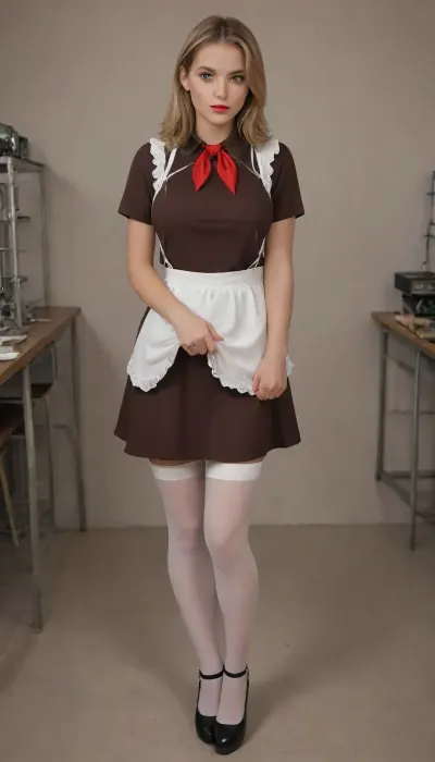 Woman 25 years old, tall, slim figure, big breasts, pretty face, blonde, long square, red lips, blue eyes, Soviet school uniform 1980, ((dark brown dress, white big direct apron, apron with cables)), pioneer tie, white stockings, red high-heeled shoes, school class, super realism, high quality picture, high definition detail, suxl, pionyrs, shirt, neckerchief, skirt, sash, badge, <lora:suxl:1.6>, <lora:pionyrka:.1>, <lora:XDetail_light:1.4>, green, eyes, blue, brown, perfecteyes, <lora:PerfectEyesXL:.8>, skirtlift, <lora:skirtlift_xl:.8>
