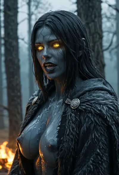 half body sideview, 1 human knight, one Evil Colossal female Lycan from skyrim, sexy Lycan girl AND human knight, yellow-eyes glowing, horror, tone, black wet fur, black filigree edgings, huge boobs, massive muscles under furcoat, open mouth with lots of sharp fangs, posing in mystic woods, epic backlighting, raytracing, sharp focus, blurred background, artstyle elden ring, <lora:Spectral_Photography-000002:.8>