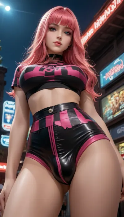 Reiq style, (photorealistic), (masterpiece), (photography), (realistic skin texture), (professional lighting), old American diner, bottom view, ((up close view, penis bulge from focus)), alluring woman, 90s style, 90s Aesthetics, emo 1Futanari with, (penis bulge), big breasts, black and pink emo hair, long hair with bang, ((very tight pink checkered hot pants)), low waist wide hips, closed mouth, stripped pink torn shirt, midriff, (navel black piercing), solo, eyeliner, emo style, fishnet top, Neon pink, Night, page, <lora:Late_90s_Japanese_Urban_Fashion:1>, <lora:Diner-000005:1.8>, <lora:Neon Night:2>