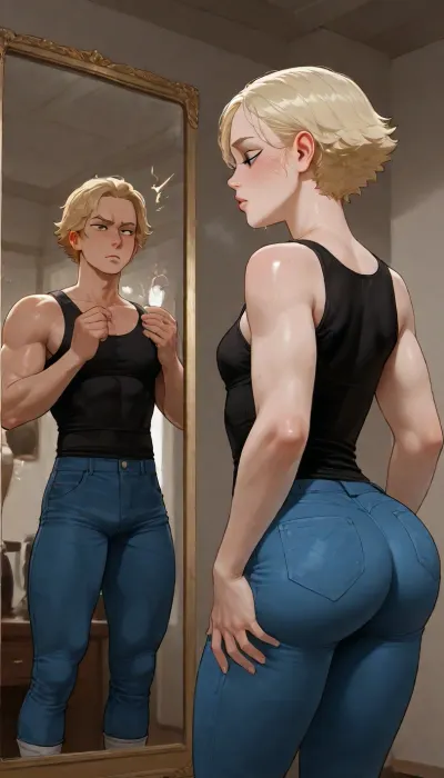 BNHA, (MHA), Hero Prodigy gets a Femboy System, 1boy, Nao Ichijo, age 18, handsome Masculine face, Masculine shoulders, masculine Toned arms, masculine Toned legs, masculine athletic legs, masculine Toned ass, wearing black shirt with blue jeans, His blonde hair so pale it shimmered near silver and his face both sharp and delicate with Black eyes gleamed beneath furrowed brows and His slender frame petite, with just a hint of muscle—strained against the black shirt and slacks clinging to his sweat-damp skin, a spark of electricity that came from his fingertips, standing Infront of a mirror, (looking at his own reflection), reflection is showing feminine Nao Ichijo, 1femboy, beautiful Feminine face, Feminine shoulders, flat chest, feminine Petite arms, feminine Slender legs, feminine Round ass, His short blonde hair so pale it shimmered near silver and his face both sharp and delicate with Black eyes gleamed beneath furrowed brows and His slender frame petite, visible penis bulge. incase style, (Cartoony), incase, style, <lora:SDXL_oral_v1-000009:1>, <lora:bimboxl_02:.5>, <lora:Incase_Style__SDXL:.4>, ac_neg1