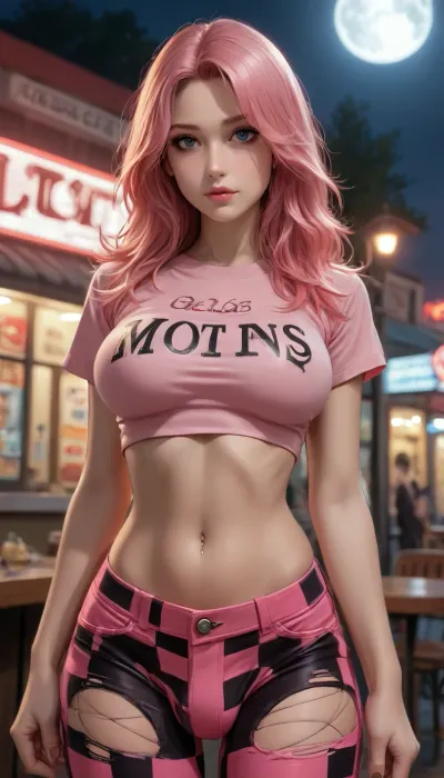 Reiq style, (photorealistic), (masterpiece), (photography), (realistic skin texture), (professional lighting), old American diner, bottom view, alluring woman, 90s style, 90s Aesthetics, emo 1Futanari with, (penis bulge), big breasts, black and pink emo hair, long hair with bang, ((very tight pink checkered hot pants)), low waist wide hips, closed mouth, stripped pink torn shirt, midriff, (navel black piercing), solo, eyeliner, emo style, fishnet top, Neon pink, Night, page, <lora:Late_90s_Japanese_Urban_Fashion:1>, <lora:Diner-000005:1.8>, <lora:Neon Night:2>
