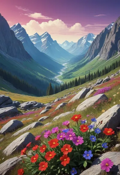 ((soviet propaganda poster style, bright solid colors, minimal detail, no color gradient, old anime style, low details)), each color is solid and separated from the other by a thin line of a darker shade, (saturated bright colors, high definition image, high contrast colors), in aesthetic of old soviet movie poster.

little flower meadow in dark rocky mountains, high contrast between darkness of rocks and bright colored flowers, purple-blue sky
