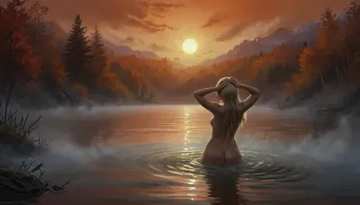 (Vex from skyrim, naked, mature 30 year old, scandinavian, long blonde hair, very small breasts, skinny body), (bathing pose in a big lake, hands behind head, watery body, breasts not visible, autumn, orange sunset), (rear view, back view, view from behind, looking away face not visible), (artwork, digital painting, fantasy art, loading screen art style), <lora:SumTim:.1>, <lora:J_cartoon:.1>, <lora:Sinister_Style_SDXL:.1>, <lora:EnvyAnimeDigitalPaintingXL01:.1>