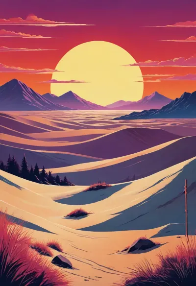((soviet propaganda poster style, bright solid colors, minimal detail, no color gradient, old anime style, low details)), (saturated bright colors, high definition image, high contrast colors), in aesthetic of old soviet movie poster.

each color is solid and separated from the other by a thin line of a darker shade, bright yellow sand beach with the dunes which contours outlined by dark brown lines in the foreground flows into the soft shapes of the high mountains in the background, their contours outlined by dark grey lines, sky is dark blue, turning into purple in the distance, with red reflections over the mountains, it must be evening, aquamarine of the reservoir complete width of the field of view separates the beach from the mountains on the horizon, laconism and graphicity in the drawing of landscape evoke poster in constructivism style and enhance the dramatic effect, is enhanced by the light, which gives almost no shadows