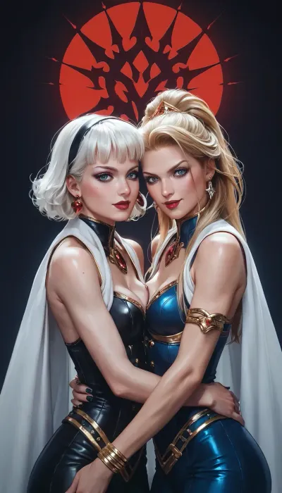 2Females Skeletor and Evil-Lyn, from 90s Masters of the universe, cinematic, intricate details, UHD, 32K