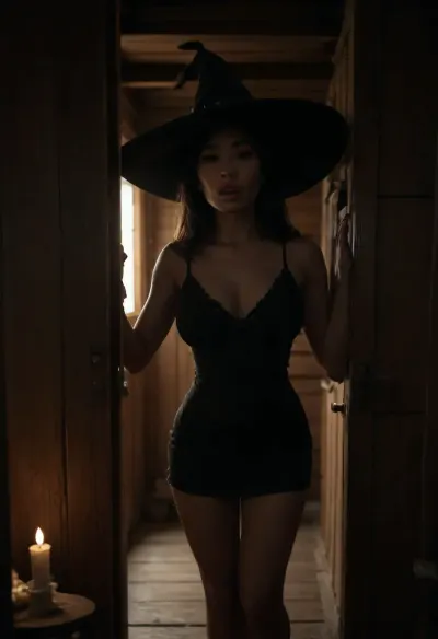 (Asian girl:1.8), (candle lit cabin:1.7), (black witch hat and short silk dress:1.5), (:1.5), (voluptuous:1), (large lips:1.3), (large werewolf enters doorway:1.5), (:1.7), (:1), <lora:dark:2>