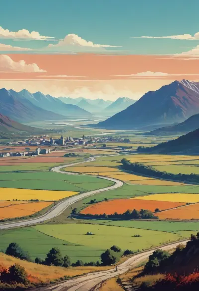 ((soviet propaganda poster style, bright solid colors, minimal detail, no color gradient, old anime style, low details)), (saturated bright colors, high definition image, high contrast colors), in aesthetic of old soviet movie poster.

View from low hill of waste plain stretching to horizon, mountains on the horizon, country road from hill to mountains, passing small castle far below on plain near mountains, road has bridge across narrow river flowing from left to right of plain, (view from distance, view from afar:1.6)