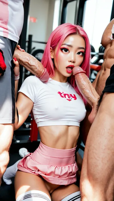 (Asian girl, pink hair, tiny waist, large eyes, long eyelashes, makeup:1.3), 18+ years old, in gym, (man with large cock:1.2), (:1), (white top, pink skirt, high white socks:1), (large tits and ass:1), (gangang, grabbing, fucked, sexy:1.2)