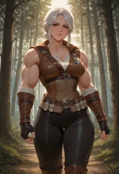 masterpiece, best quality, absurdres, newest, highres, very aesthetic, 1girl, solo, mature female, adult, ciri, (the witcher), the witcher 3, cirilla fiona elen riannon, ashen hair, white hair, messy ponytail, green eyes, scar on cheek, beautiful detailed eyes, muscular female, bodybuilder, (muscular female:1.35), (huge biceps:1.25), (six pack:1.2), thick arms, huge biceps, defined deltoids, vascular arms, six pack, abs, wide shoulders, thick neck, powerful thighs, toned, veins, medium breasts, narrow waist, brown leather jacket, white shirt, dark trousers, leather boots, fingerless gloves, swallow brooch, standing, confident pose, looking at viewer, slight smirk, outdoors, forest, dusk, cinematic lighting, rim light, detailed background, intricate details, highly detailed, detailed face, detailed eyes, detailed muscles