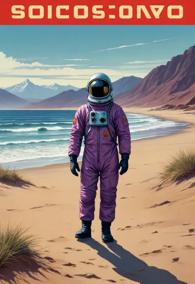 ((soviet propaganda poster style, bright solid colors, minimal detail, no color gradient, old anime style, low details)), (saturated bright colors, high definition image, high contrast colors), in aesthetic of old soviet movie poster.

each color is solid and separated from the other by a thin line of a darker shade, bright yellow sand beach with the dunes which contours outlined by dark brown lines in the foreground flows into the soft shapes of the high mountains in the background, their contours outlined by dark grey lines, sky is dark blue, turning into purple in the distance, with red reflections over the mountains, it must be evening, aquamarine of the reservoir complete width of the field of view separates the beach from the mountains on the horizon, lonely small figure of a human in bright silver metal spacesuit with black face shield stands in foreground on the beach, a trail of footprints stretches across the sand from the human to the edge of the image, laconism and graphicity in the drawing of landscape evoke poster in constructivism style and enhance the dramatic effect, is enhanced by the light, which gives almost no shadows, the image is a symbol of loneliness and lostness in space