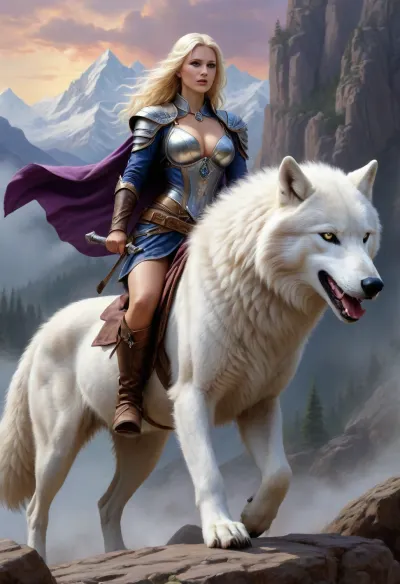 (((fantasy art, fantasy setting, medieval entourage, mystique atmosphere), (in Boris Vallejo art style), bright solid colors, minimal detail, no color gradient, old anime style, low details)), each color is solid and separated from the other by a thin line of a darker shade, (saturated bright colors, high definition image, high contrast colors), oil painting.

beautiful female viking warrior, hard body nordic beauty, riding on large white dire wolf in dark rocky mountains, purple-blue sky, ((white wolf:1.4), long white fur, powerful clawed paws, fanged mouth)