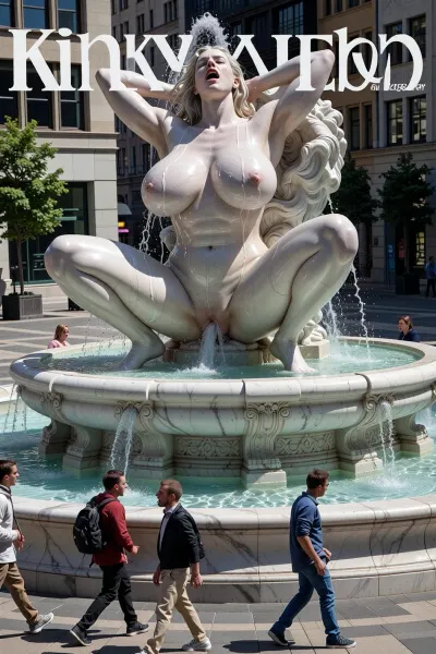 (((drawing sketch))), Magazine, "Kinky John" A large, ornate marble fountain is the centerpiece of a modern, sunlit city plaza. The fountain's design is a shocking and explicit tableau of a massive, voluptuous woman. This statue is carved from pristine white marble, Her body is glistening with a thick sheen of sweat, her massive, heavy breasts rising and falling with her heavy breathing. The woman throes of ecstasy, her head thrown back, her mouth open in a silent scream of pleasure. Her hands behind her head, Squating, whole nody shot, The water splashes and cascades, creating a dynamic and audacious display.`

angle is a high shot, capturing the entire shocking structure. In the foreground, dressed city pedestrians are walking by, some pointing in shock, others laughing. The lighting is bright daylight, casting sharp reflections on the wet marble and the splashing water, contrasting the classical beauty of the sculpture with its raw, transgressive subject matter.`