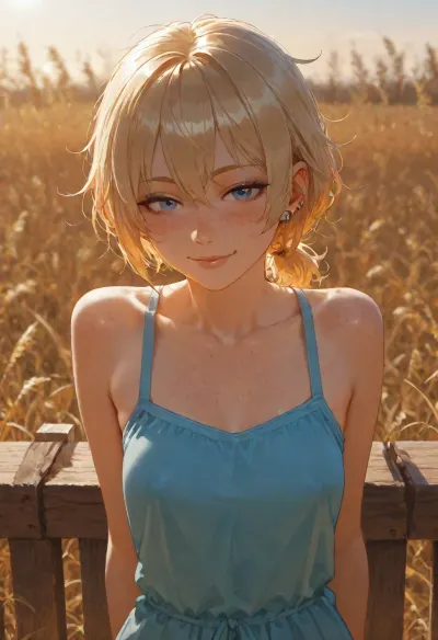 realistic style, 25 years old girl, skinny, (natural perky chest), (blonde hair), (very messy hair), (short hair), (low ponytail), (fair skin), (((freckles everywhere))), ((small birthmarks)), (pierced ears), (dusty blue eyes), (wearing blue sundress), (braless:1.3), leaning back on a wooden fence, arms rest on the fence, sun lighting from behind, (happy smiling), head tilted, depth of field, blurred background, wheat field in the background, sunset, <lora:braless-000007:1.5>